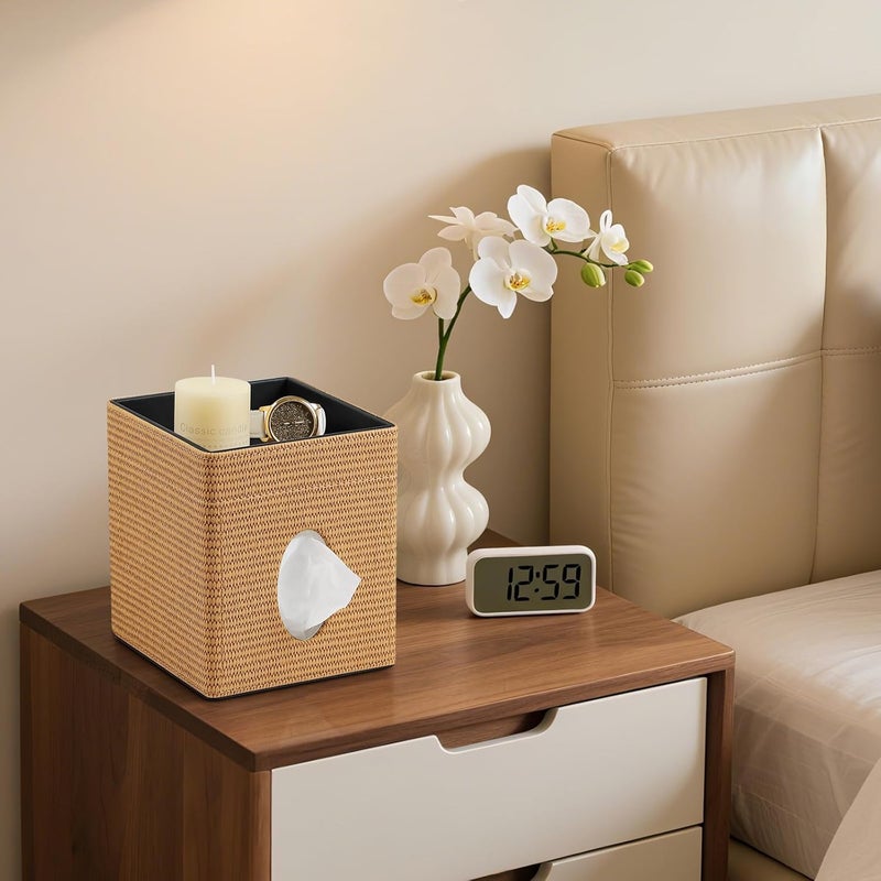 Cretkhp Tissue Box Cover, PU Leather Square Tissue Box Holder with Storage Tray for Bathroom Vanity Countertop Night Stands Bedroom Office Desk, Stylish Tissue Holder Decorative Organizer (Yellow Rattan) - Image 5